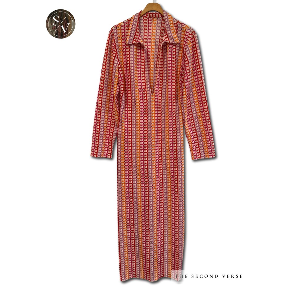 Crochet Knit Maxi Cover Up Dress Women Boho Striped Long Sleeve Multi Color